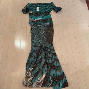Roberto Cavalli Teal and Brown Off-Shoulder Two Piece Set NEW Top 46 Skirt 44